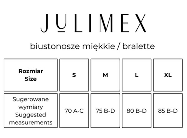 Tabela rozmiarów Julimex biustonosze miękkie i braletki
